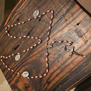 Vintage Pink Bronze Silver Tone Medals Color Rosary Necklace Faith Love Hope